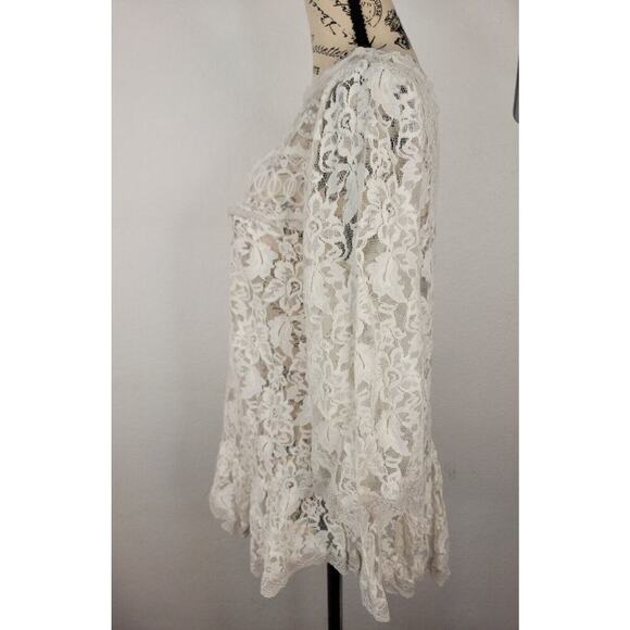 Free People SZ S Lace Sheer Top 3/4 Sleeve Ruffled Crochet White Oversize Boxy - Picture 4 of 9